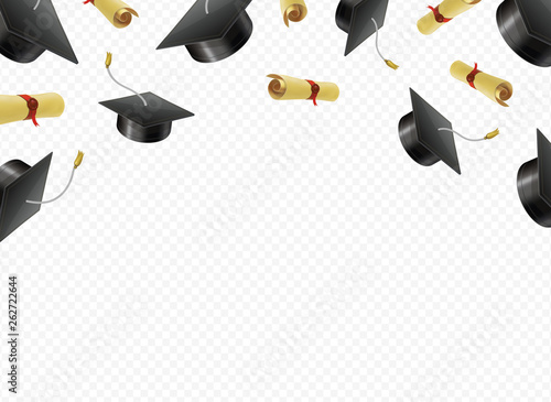 Graduate caps and diplomas flying on a transparent background. Academic hats thrown up