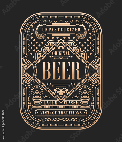 Vintage frame logo. Vector packing label. Gold sticker beer bottle