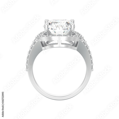 3D illustration isolated white gold or silver solitaire engagement decorative diamond ring