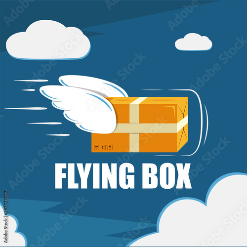 a box with wings quickly flies across the sky