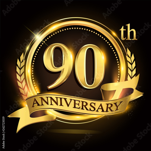 90th golden anniversary logo with ring and ribbon, laurel wreath vector design.