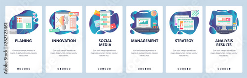 Mobile app onboarding screens. Business management and strategy planing, online chat, messages, social media. Menu vector banner template for website and mobile development. Web site flat illustration
