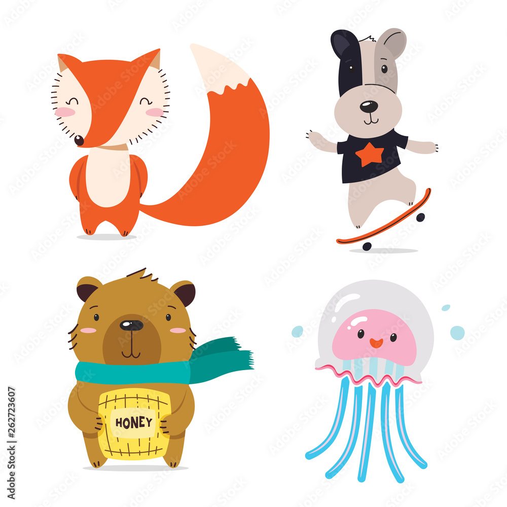 Fox, dog, bear, jellyfish. Cute cool little animals smiling. Kawaii cartoon  baby animal character set. Flat hand drawn illustration kid's poster. Child  theme. T-shirt print, wear, greeting card. Stock Vector | Adobe