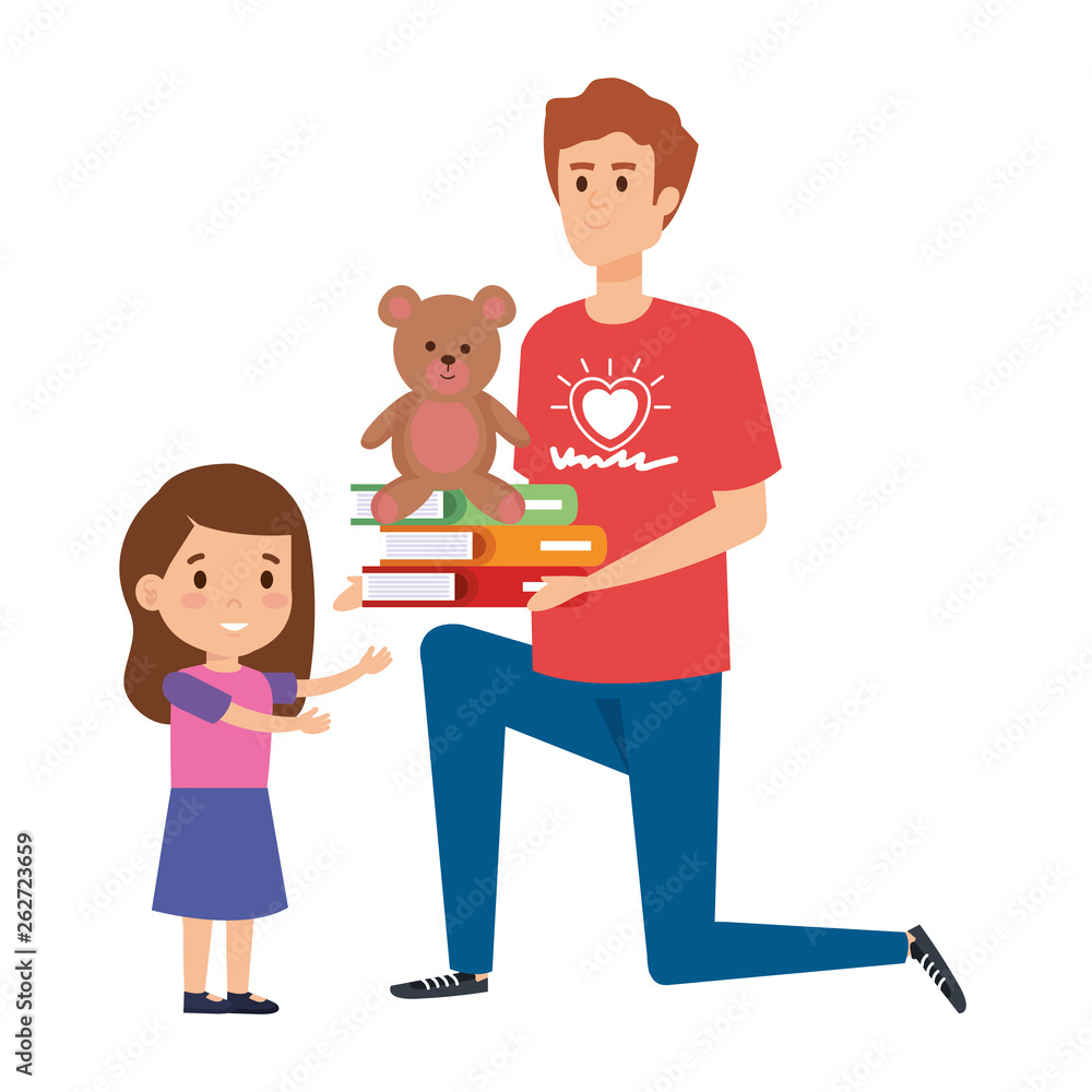 man volunteer giving a girl books and bear teddy man volunteer giving a girl books and bear teddy