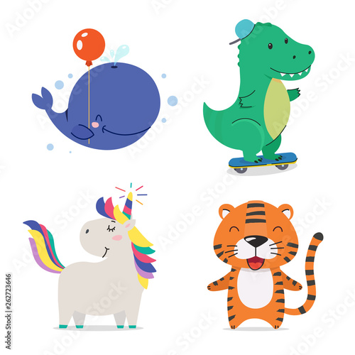 Whale  dinosaur  unicorn  tiger. Cute cool little animals smiling. Kawaii cartoon baby animal character set. Flat hand drawn illustration kid s poster. Child theme. T-shirt print  wear  greeting card.
