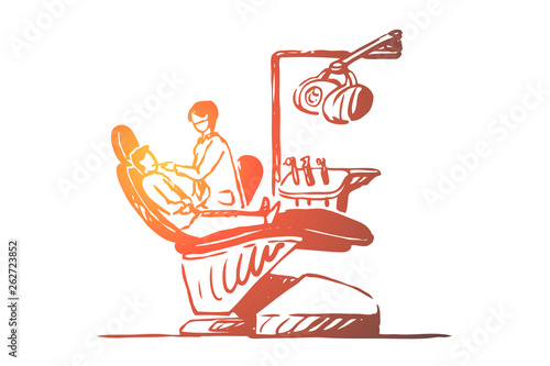 Visit to dentist, patient sitting in dental chair, teeth checkup, oral cavity examination, mouth hygiene