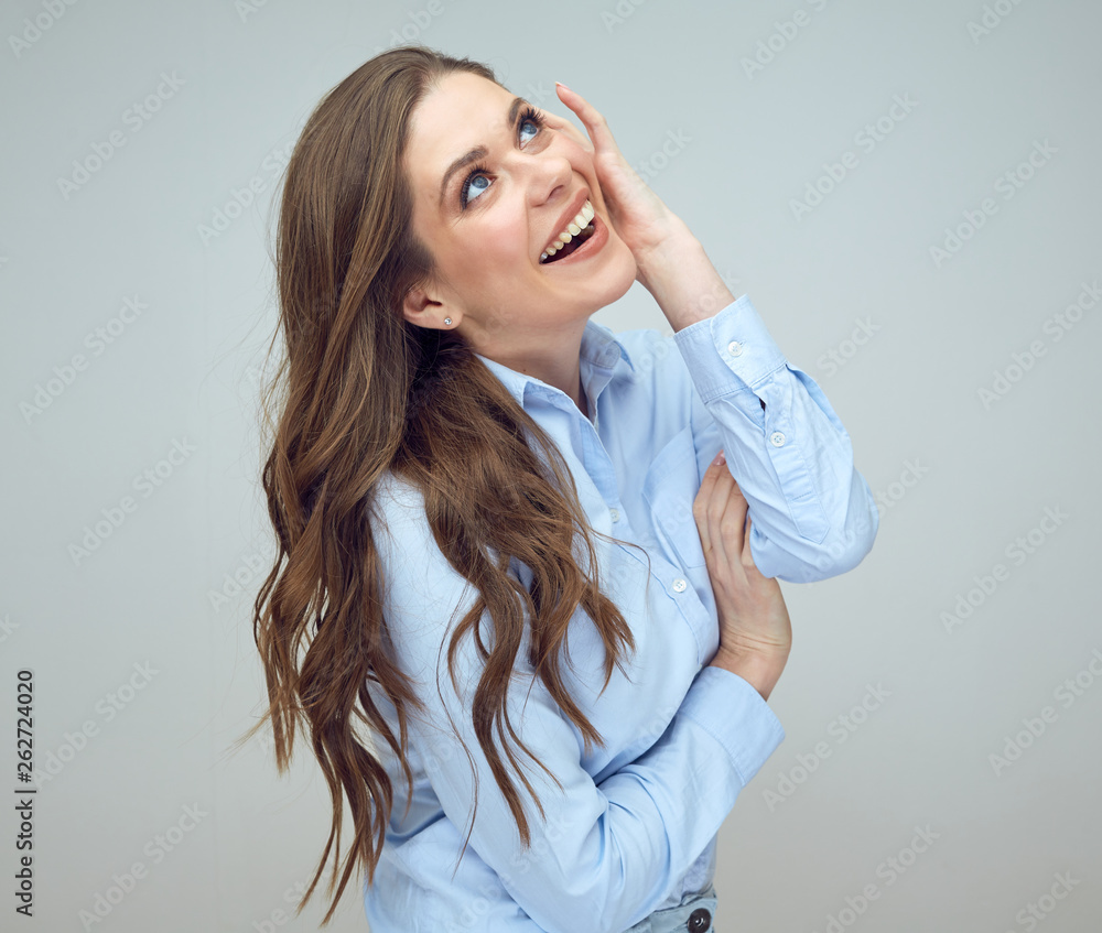 happy woman with long hair touching her face. happy woman with long hair touching her face.