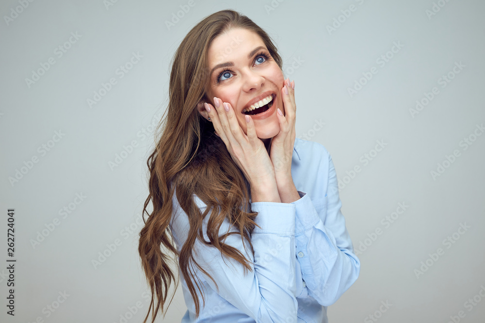 happy woman with long hair touching her face. happy woman with long hair touching her face.