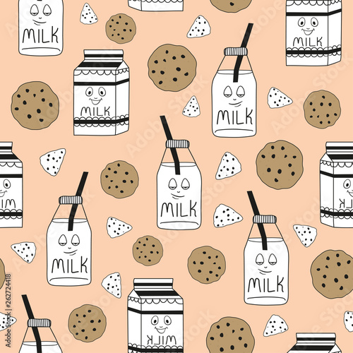 Seamless pattern with milk bottles. Cute sketch style. Vector illustration