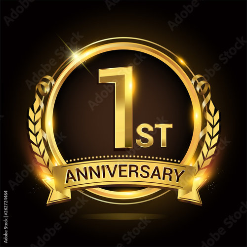1st golden anniversary logo, 1 years anniversary celebration with ring and ribbon, Golden anniversary laurel wreath design.