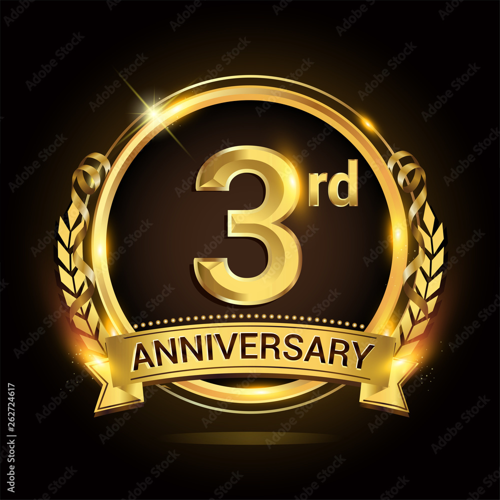 Naklejka premium 3rd golden anniversary logo, 3 years anniversary celebration with ring and ribbon, Golden anniversary laurel wreath design.