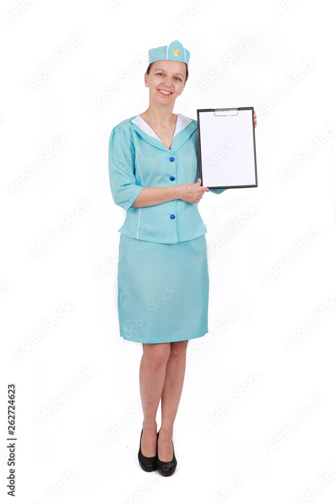 Stewardesse - Charming and smiling Stewardess Dressed In Blue Uniform holding a paper board - Isolated on white background Stewardesse - Charming and smiling Stewardess Dressed In Blue Uniform holding a paper board - Isolated on white background