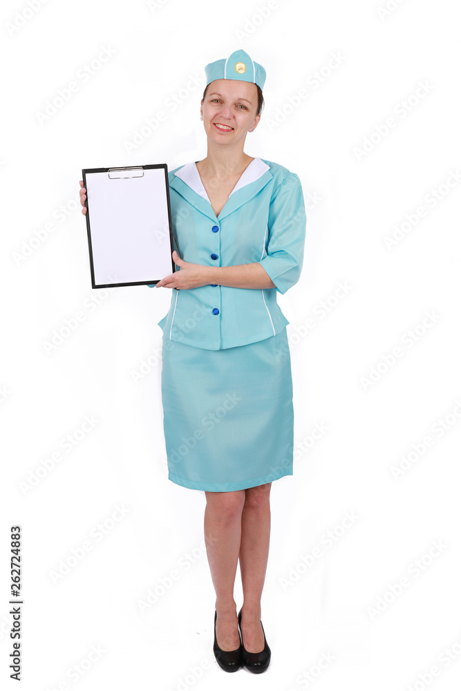 Stewardesse - Charming and smiling Stewardess Dressed In Blue Uniform holding a paper board - Isolated on white background Stewardesse - Charming and smiling Stewardess Dressed In Blue Uniform holding a paper board - Isolated on white background