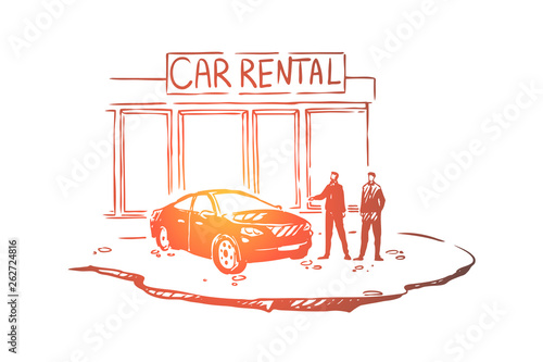 Men outside dealership center, customer and salesman, trader, luxury auto shop, vehicle showroom