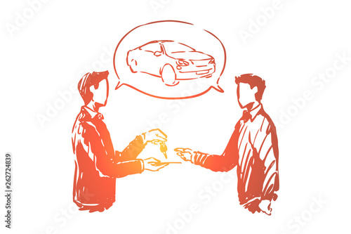 Automobile showroom, man buying transportation, salesman giving customer keys, client and vendor making deal