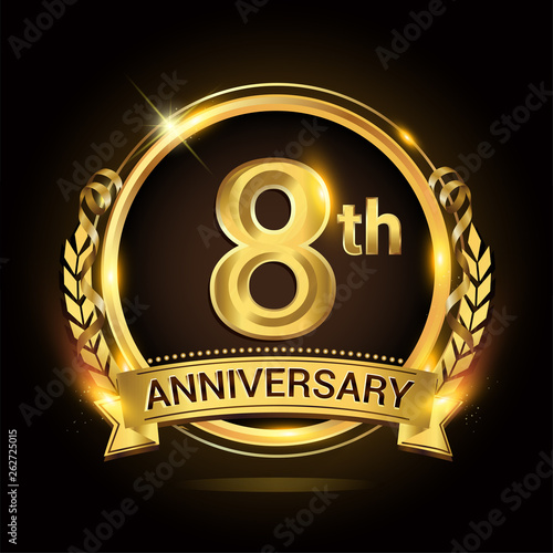 8th golden anniversary logo, 8 years anniversary celebration with ring and ribbon, Golden anniversary laurel wreath design.