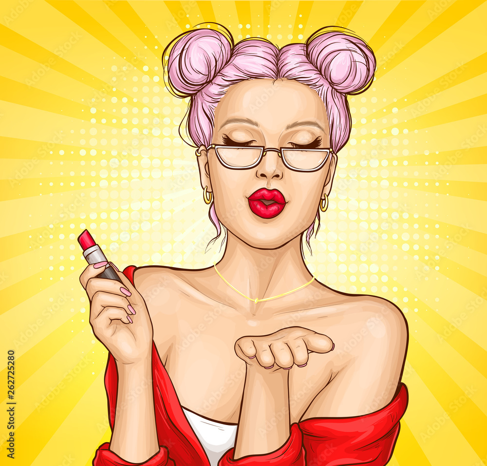 Stockvector Sexy woman sending air kiss with closed eyes. Beautiful girl  with red lips, pink hairstyle and naked shoulders wearing glasses holding  lipstick in hand. Pop art retro comic book vector illustration.