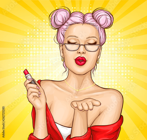 Sexy woman sending air kiss with closed eyes. Beautiful girl with red lips, pink hairstyle and naked shoulders wearing glasses holding lipstick in hand. Pop art retro comic book vector illustration.
