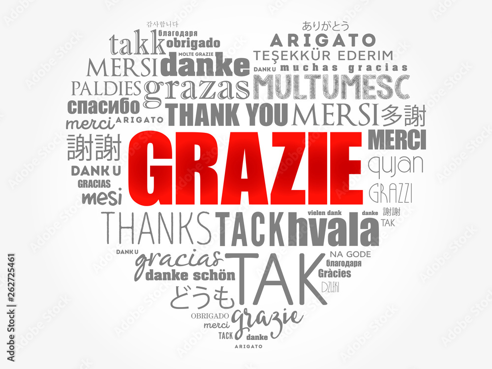 Grazie (Thank You in Italian) love heart word cloud background in different languages Grazie (Thank You in Italian) love heart word cloud background in different languages