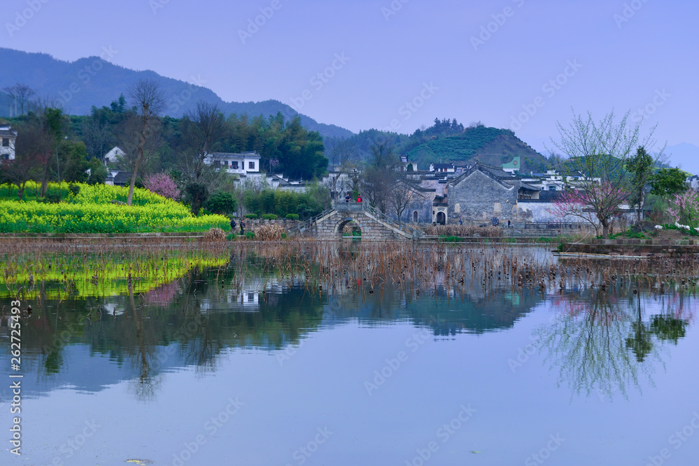 Small village and lake in the mountains