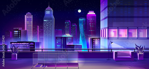 Modern megapolis at night. Illuminated cityscape view from skyscraper roof. Bright glowing neon buildings. Urban background, town architecture, residential construction. Cartoon vector illustration.