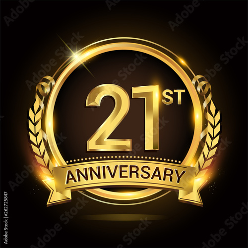 21st golden anniversary logo, 21 years anniversary celebration with ring and ribbon, Golden anniversary laurel wreath design.