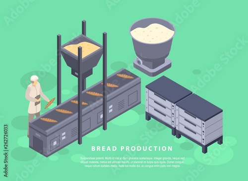 Bread production concept banner. Isometric illustration of bread production vector concept banner for web design