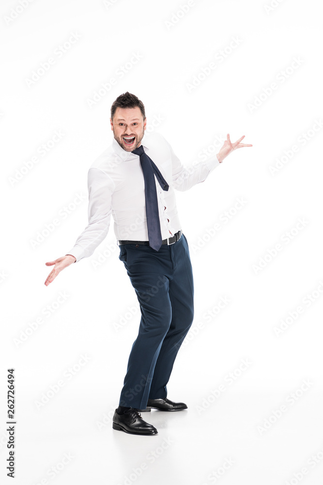 happy chubby man in formal wear gesturing with hands and looking at camera on white happy chubby man in formal wear gesturing with hands and looking at camera on white