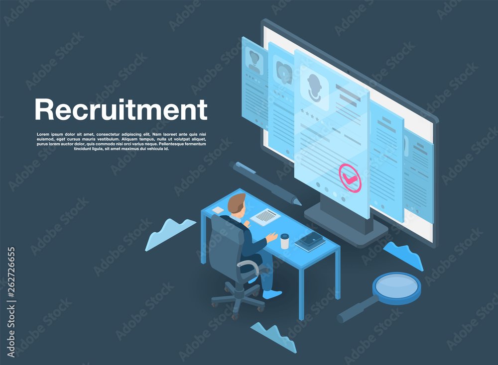 Recruitment concept banner. Isometric illustration of recruitment vector concept banner for web design