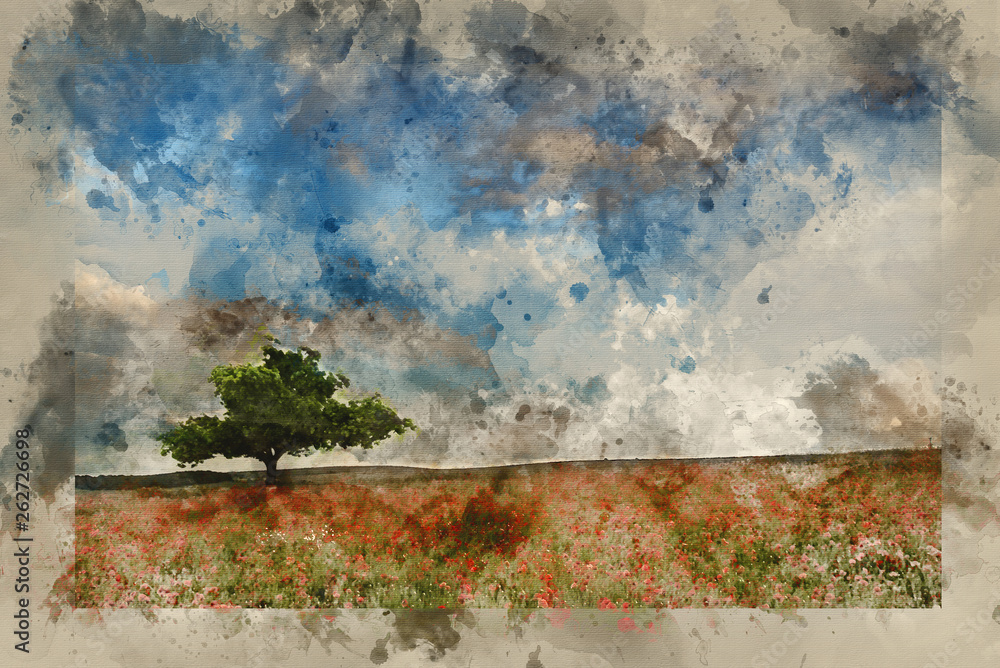Naklejka premium Watercolour painting of Beautiful poppy field landscape during sunset with dramatic sky