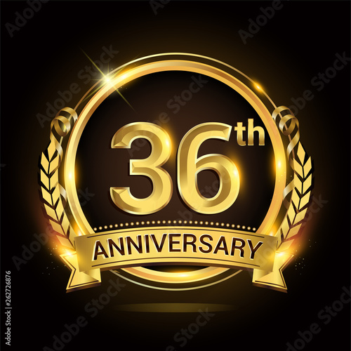 36th golden anniversary logo, 36 years anniversary celebration with ring and ribbon, Golden anniversary laurel wreath design.