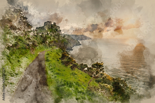 Watercolor painting of Beautiful evening sunset landscape image of Valley of The Rocks in Devon England