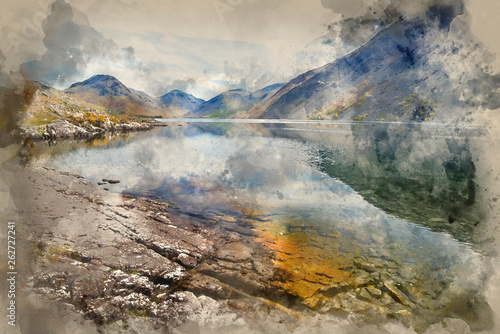 Watercolor painting of Stunning landscape of Wast Water with reflections in calm lake water in Lake District