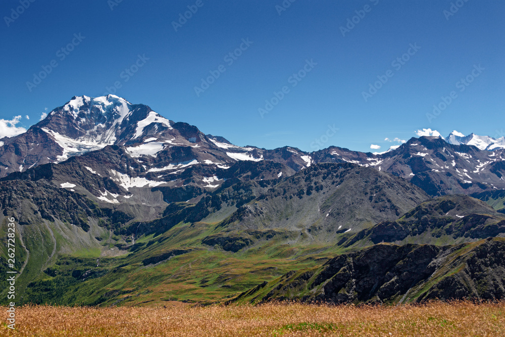 Panoramic view of the north wall of the Fletschhorn, from the top of the Tochuhorn to the Simplon pass in Switzerland.