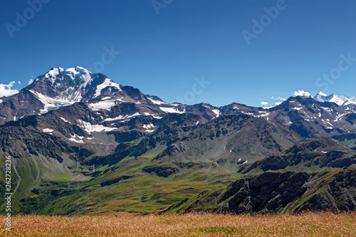 Panoramic view of the north wall of the Fletschhorn, from the top of the Tochuhorn to the Simplon pass in Switzerland.