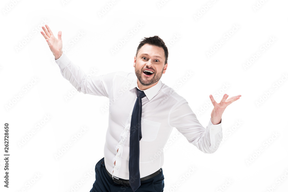 happy overweight man in tight formal wear looking at camera and gesturing with hands isolated on white happy overweight man in tight formal wear looking at camera and gesturing with hands isolated on white