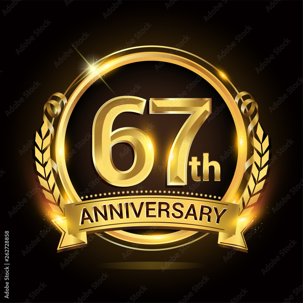 67th golden anniversary logo, 67 years anniversary celebration with ring and ribbon, Golden anniversary laurel wreath design. 67th golden anniversary logo, 67 years anniversary celebration with ring and ribbon, Golden anniversary laurel wreath design.