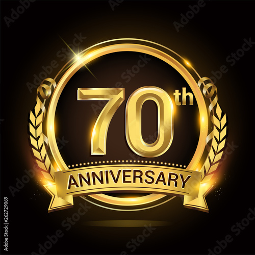 70th golden anniversary logo, 70 years anniversary celebration with ring and ribbon, Golden anniversary laurel wreath design.