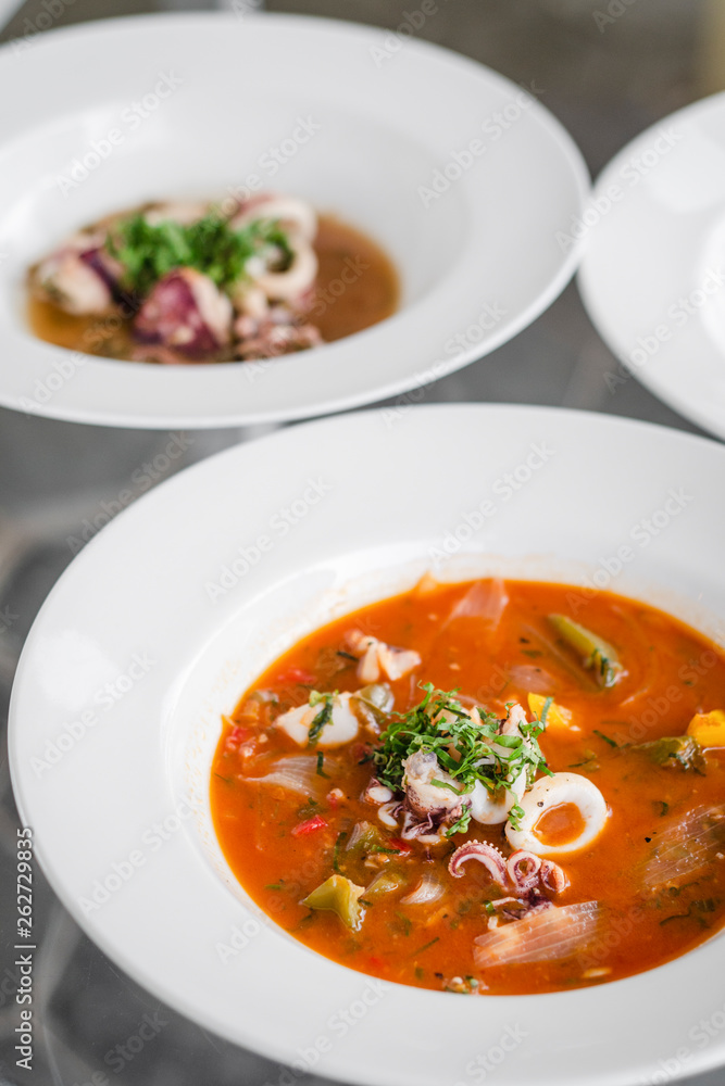 stewed squid seafood soup in spicy tomato and vegetable sauce stewed squid seafood soup in spicy tomato and vegetable sauce