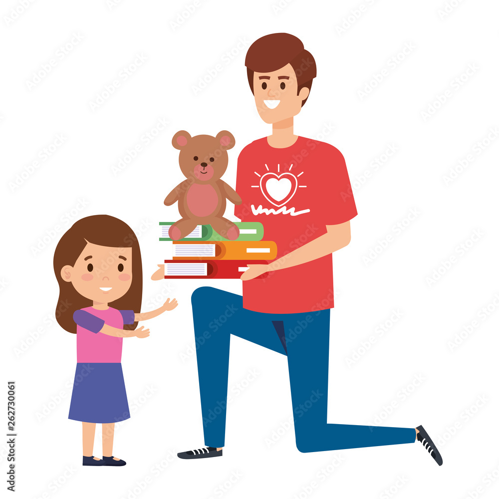 man volunteer giving a girl books and bear teddy