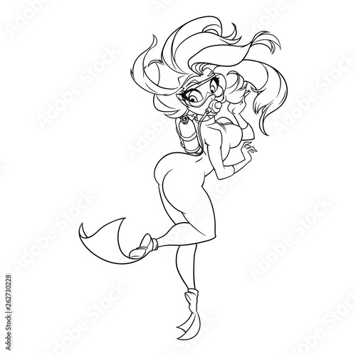 Highly detailed outline of a girl with amazing figure in a diving suit
