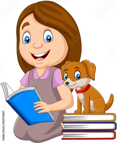 Girl reading book with cute little dog