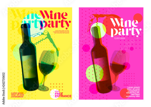 Idea for wine event. Illustration of bottle and wine glass with dotted pattern, retro 80s style, bright colors, pop art. For brochures, posters, invitations or banners.