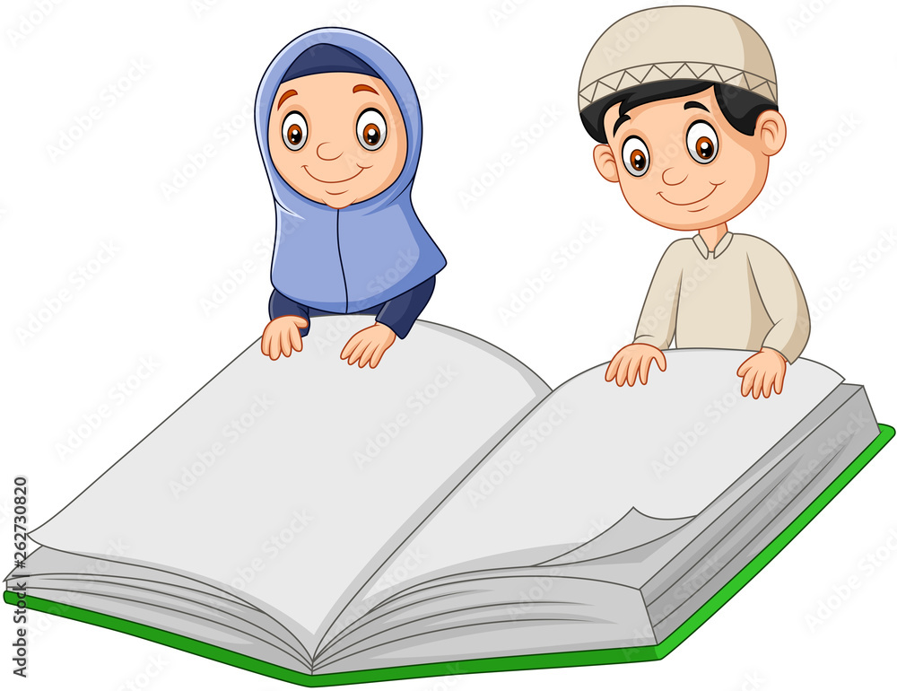 Cartoon Muslim boy and Muslim girl holding a giant book