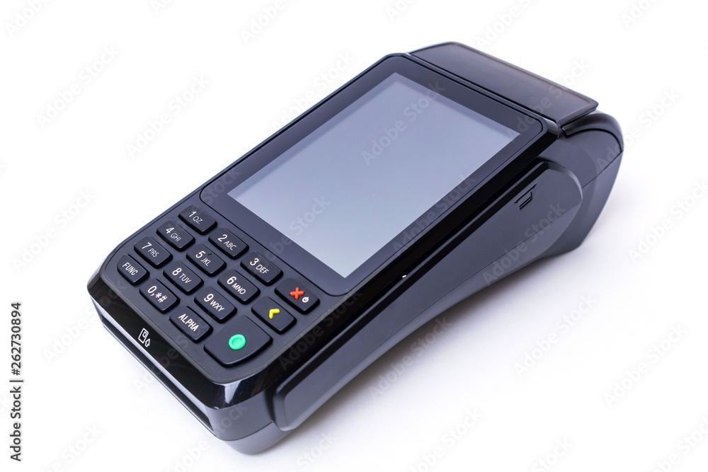 Pos terminal on a white background. Banking equipment. Acquiring. Acceptance of bank credit cards. Contactless payment. Pos terminal on a white background. Banking equipment. Acquiring. Acceptance of bank credit cards. Contactless payment.