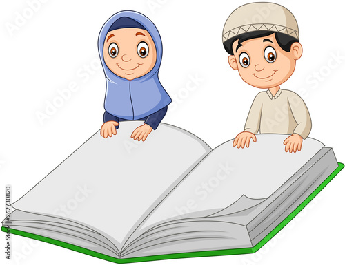 Cartoon Muslim boy and Muslim girl holding a giant book