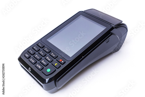 Pos terminal on a white background. Banking equipment. Acquiring. Acceptance of bank credit cards. Contactless payment.