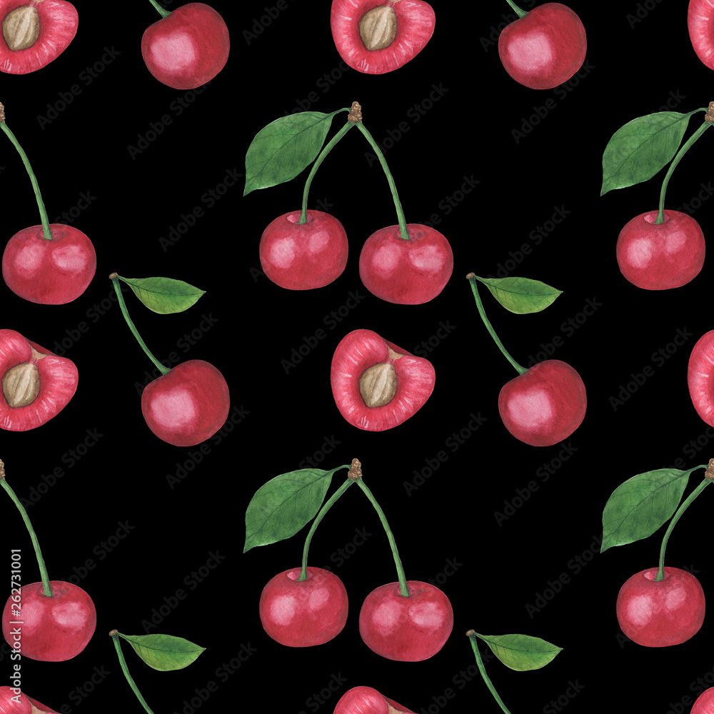 Pattern Cherry berry Watercolor Digital paper seamless illustration set of summer botanical decorations greeting card design Pattern Cherry berry Watercolor Digital paper seamless illustration set of summer botanical decorations greeting card design