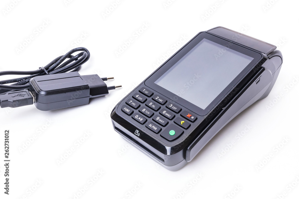 Pos terminal on a white background. Banking equipment. Acquiring. Acceptance of bank credit cards. Contactless payment. Pos terminal on a white background. Banking equipment. Acquiring. Acceptance of bank credit cards. Contactless payment.