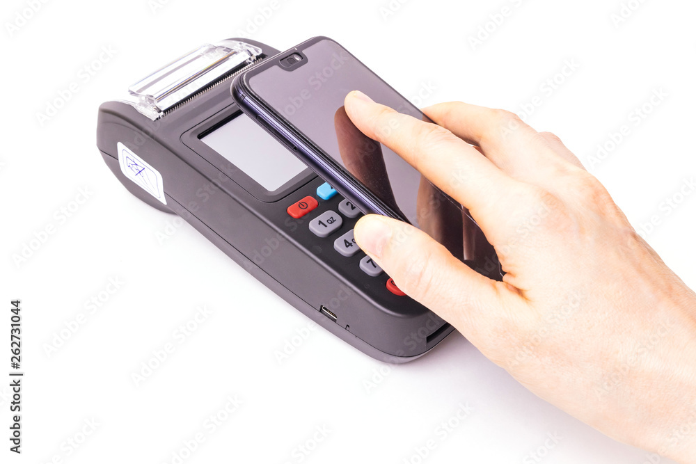 Pos terminal and hand with a smartphone on a white background. Banking equipment. Acquiring. Acceptance of bank credit cards. Contactless payment. Pos terminal and hand with a smartphone on a white background. Banking equipment. Acquiring. Acceptance of bank credit cards. Contactless payment.